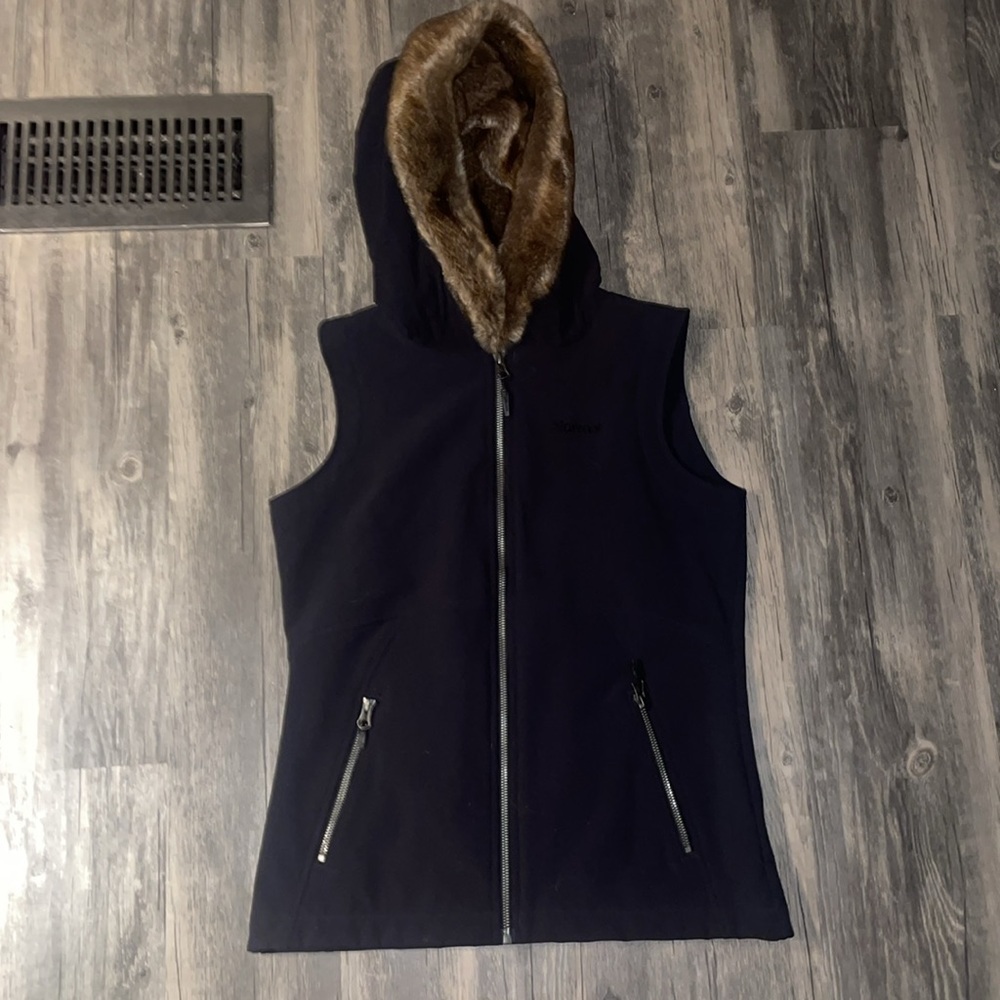 Marmot small / woman’s Black Zip Softshell Fleece-Lined Vest Faux Fur Trim Hood - Picture 3 of 9